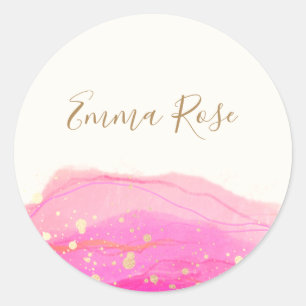 Abstract Pink Watercolor Gold Splatter  No Post-it Classic Round Sticker