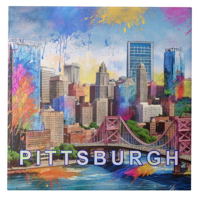 Abstract Pittsburgh Skyline Art Modern Cityscape  Tile (Front)