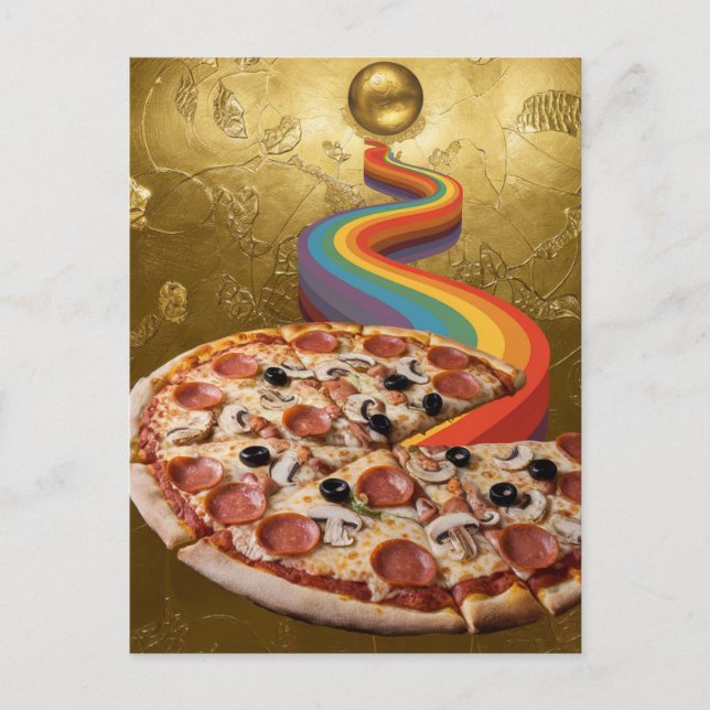 Abstract Pizza Rainbow Leads From Planet to Pizza Postcard (Front)