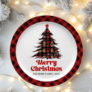 Abstract Plaid Tree Holiday Custom Name Paper   Plate