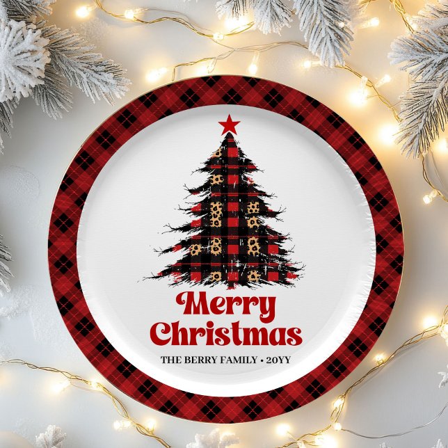 Abstract Plaid Tree Holiday Custom Name Paper   Plate (Abstract Plaid Tree Holiday Custom Name Paper Plates)