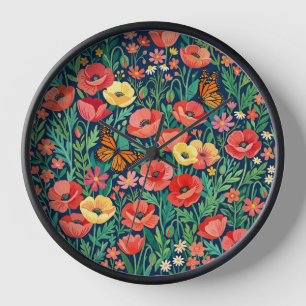 Abstract Poppies Butterflies Botanical Art Clocks