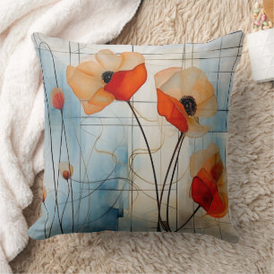 Abstract Poppy Flowers in Modern Geometric Style 2 Throw Pillow
