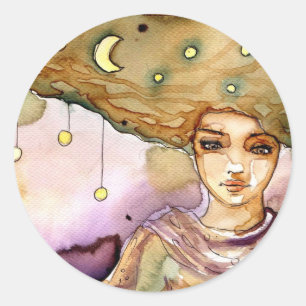 Abstract portrait and pretty woman classic round sticker