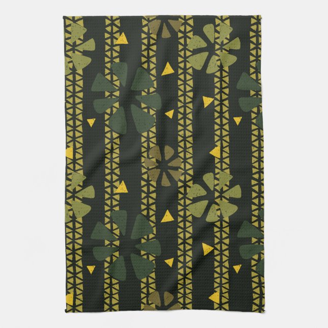 Abstract Print Brown Green Striped Kitchen Towel (Vertical)