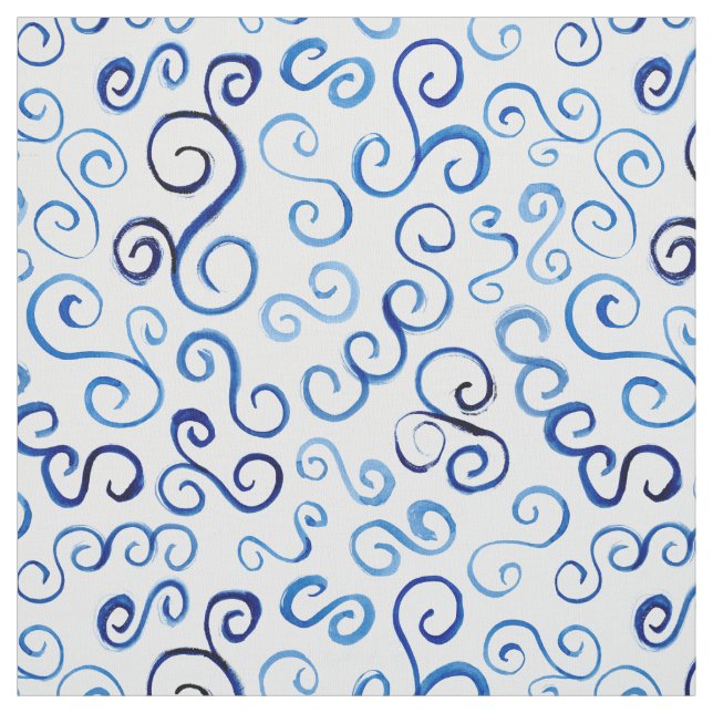 Abstract Prussian Blue Watercolor Curves Fabric (Swatch)