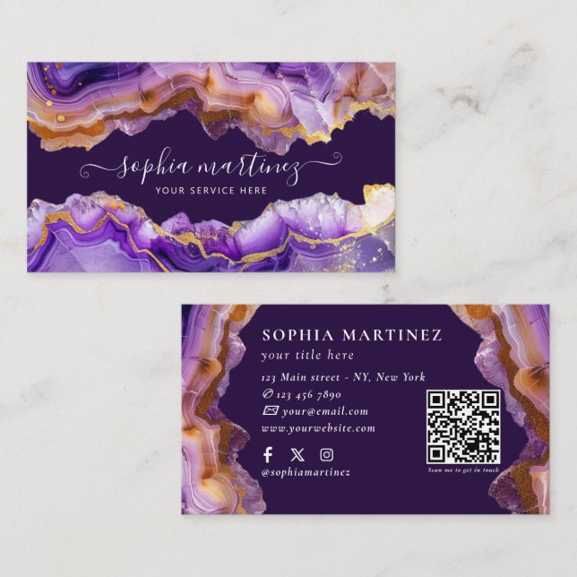 Abstract Purple Agate gold glitter marble QR Code Business Card (Front/Back)