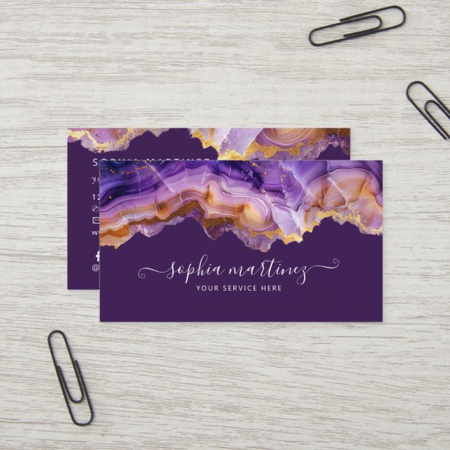 Abstract Purple Agate gold glitter marble QR Code Business Card (Front/Back In Situ)