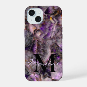Abstract purple amethyst quartz marble monogram iPhone 15 case