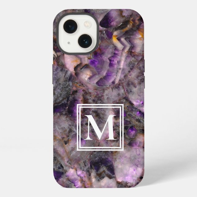 Abstract purple amethyst quartz marble monogram iPhone case (Back)