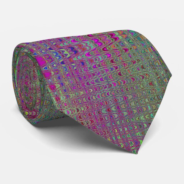 Abstract Purple and Green Retro Boomerang Waves Tie (Rolled)