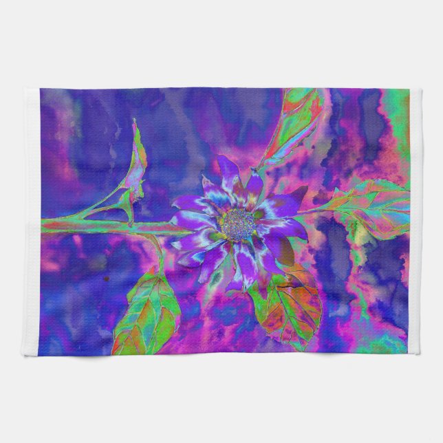 Abstract purple blue sunflower | retro funky fun kitchen towel (Horizontal)
