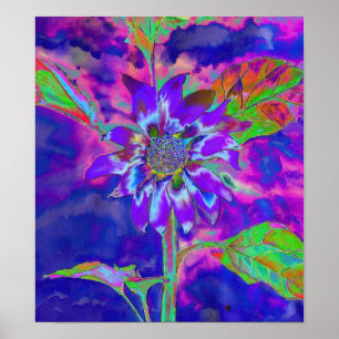 Abstract purple blue sunflower   retro funky fun poster