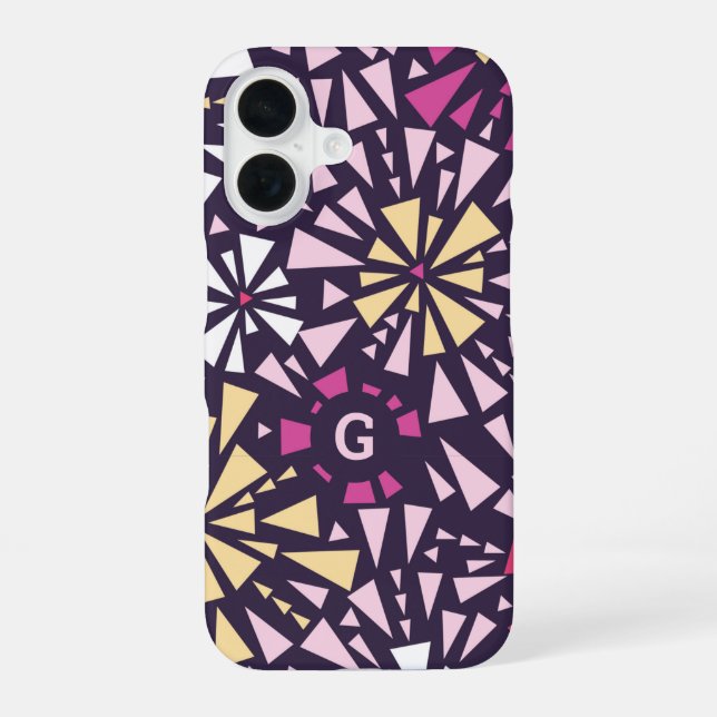Abstract Purple Bursts Monogram Initial iPhone 16 Case (Back)