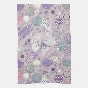 Abstract Purple Circles with Paint Strips Accents Kitchen Towel