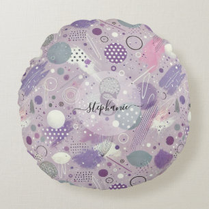 Abstract Purple Circles with Paint Strips Accents Round Pillow