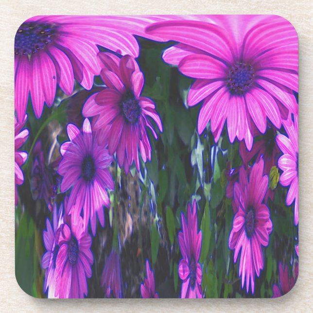 Abstract Purple Daisies Floral Cork Coaster Set (Front)