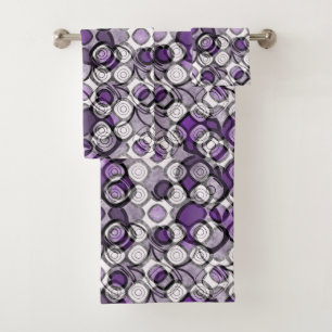 Abstract Purple, Grey and Black Circle Pattern Bath Towel Set
