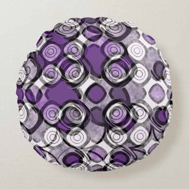 Abstract Purple, Grey and Black Circle Pattern Round Pillow (Front)