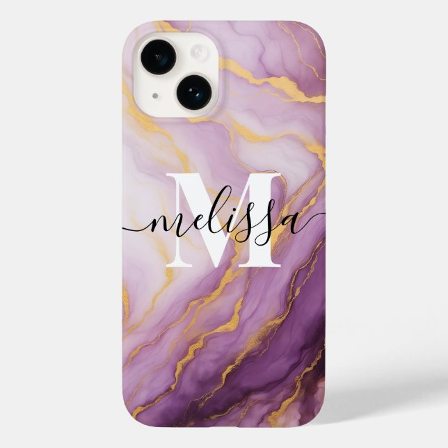 Abstract Purple Marble Monogram Calligraphy Case-Mate iPhone Case (Back)