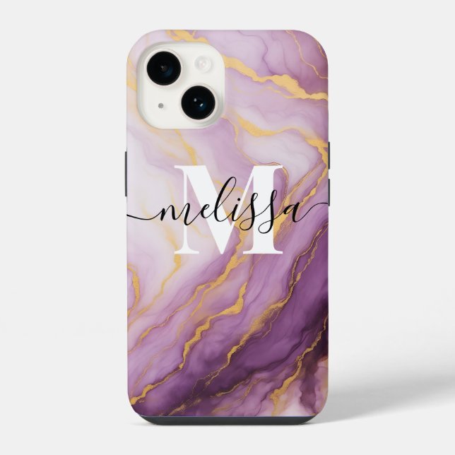 Abstract Purple Marble Monogram Calligraphy iPhone Case (Back)