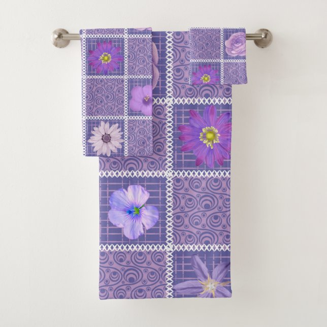 Abstract Purple Patchwork Floral Quilting Squares  Bath Towel Set (Insitu)
