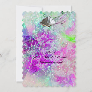 ABSTRACT PURPLE PINK BLUE WAVES SEASHELLS,SPARKLES INVITATION