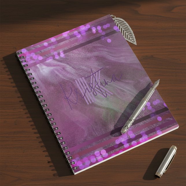 Abstract Purple Pink Glitter Agate Marble Monogram Notebook (Creator Uploaded)