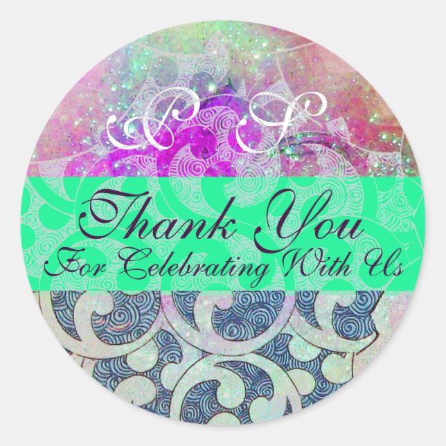 ABSTRACT PURPLE TEAL BLUE GREEN WAVES -THANK YOU CLASSIC ROUND STICKER (Front)