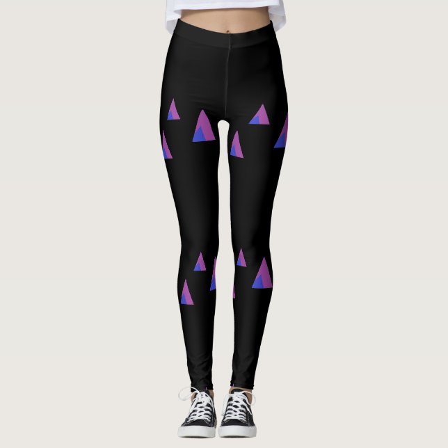 Abstract purple triangles on black leggings (Front)