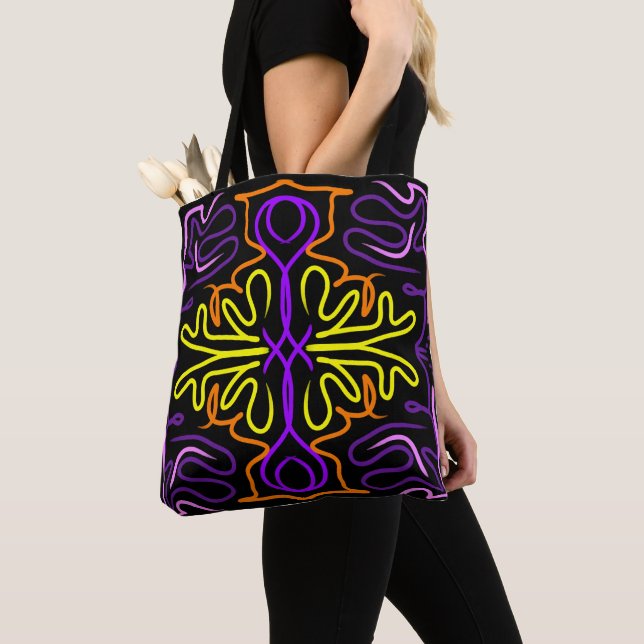 Abstract purple, yellow, orange and pink design tote bag (Close Up)