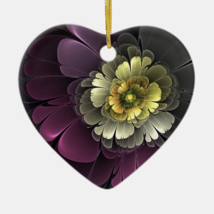 Abstract Purpur Khaki Grey Fractal Flower Heart Ceramic Ornament