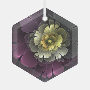 Abstract Purpur Khaki Grey Fractal Flower Hexagon Glass Ornament