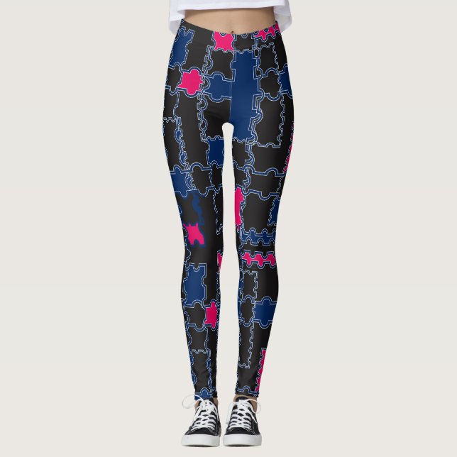 Abstract puzzles pieces elements patchwork geometr leggings (Front)