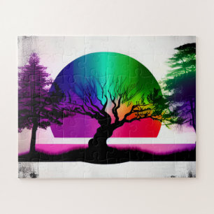 Abstract Rainbow Behind Forest Tree Silhouettes Jigsaw Puzzle