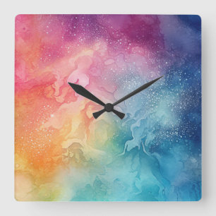 Abstract Rainbow Clouds Watercolour Liquid Art Square Wall Clock