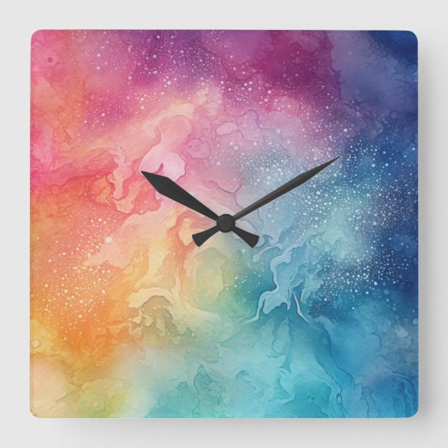 Abstract Rainbow Clouds Watercolour Liquid Art Square Wall Clock (Front)