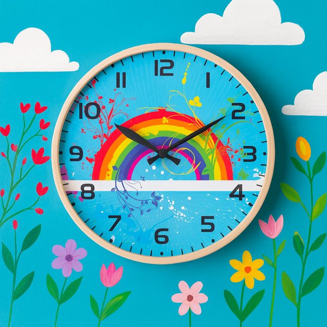 Abstract Rainbow Floral Swirls and Paint Splatter  Large Clock (Creator Uploaded)