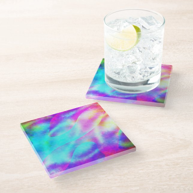 Abstract Rainbow Flowing Stripe Design Glass Coaster (Angled)