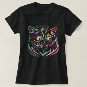 Abstract Rainbow Line Art Cat Face T-Shirt