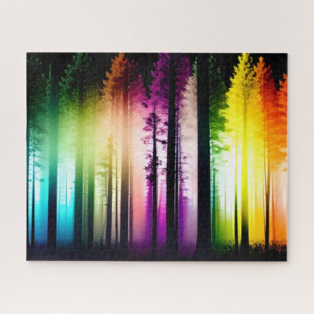 Abstract Rainbow Lit Up Forest Dark Woods Jigsaw Puzzle (Horizontal)