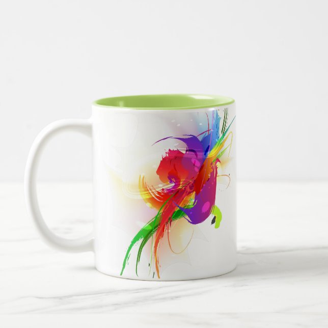 Abstract Rainbow Lorikeet Paint Splatters Two-Tone Coffee Mug (Left)