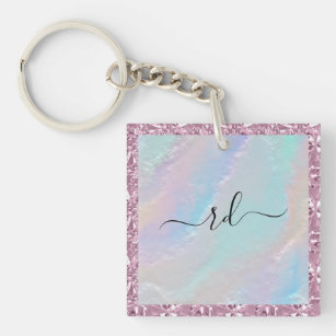 Abstract Rainbow Texture and Pink Crystal Keychain