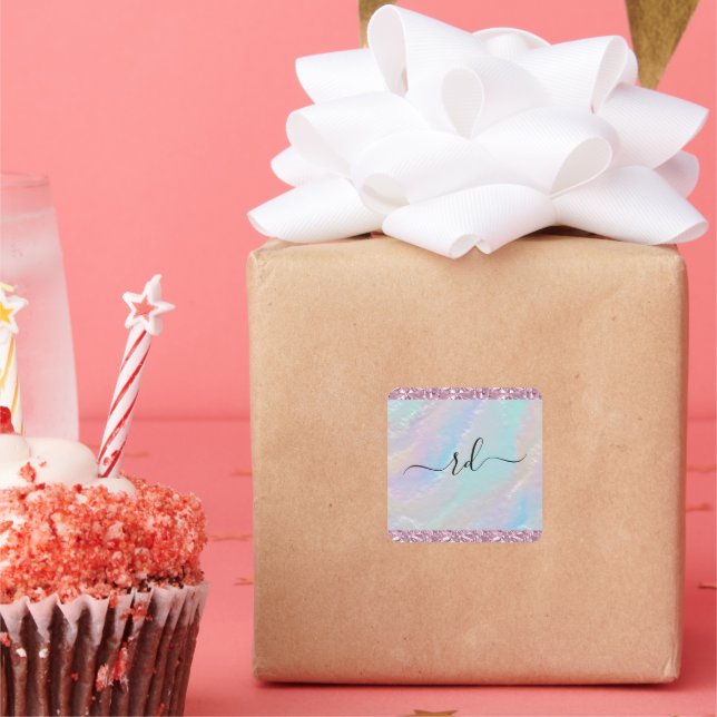 Abstract Rainbow Texture and Pink Crystal Square Sticker (Party)