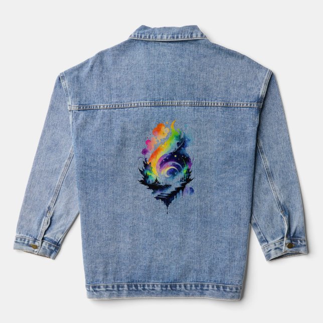 Abstract Rainbow Watercolor Fantasy Landscape Denim Jacket (Back)