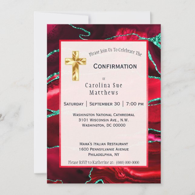 Abstract Red Agate Watercolor Confirmation Invitation (Front)