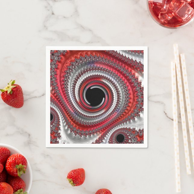 Abstract Red and Black Gradient Spiral Fractal Napkin (Insitu)