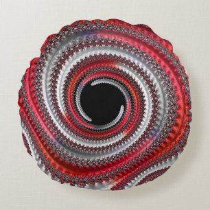 Abstract Red and Black Gradient Spiral Fractal Round Pillow