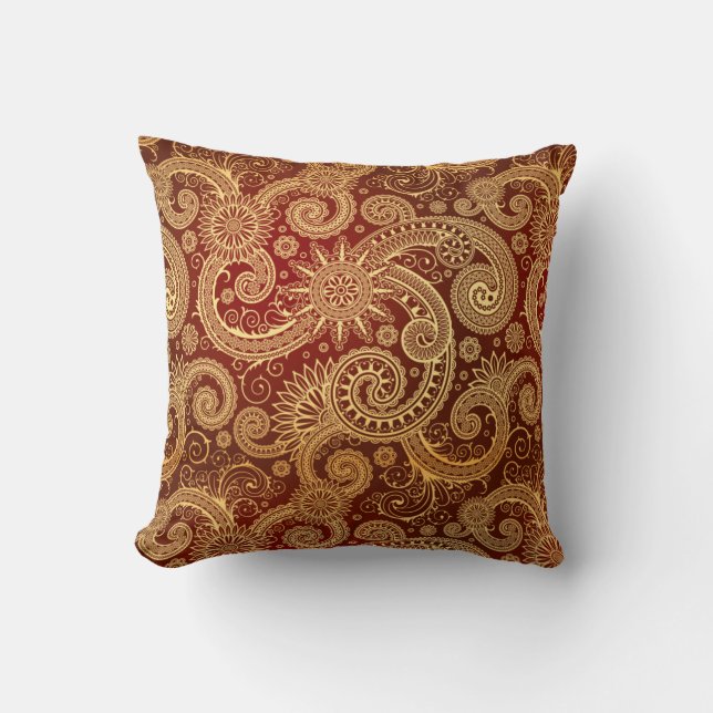 Abstract Red and Gold Floral Pattern Throw Pillow (Front)