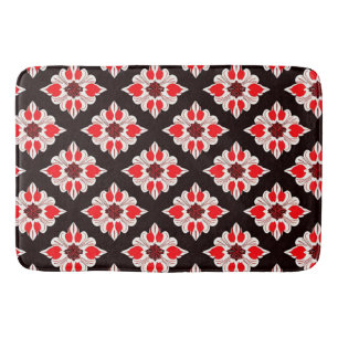 Abstract Red and White Floral Pattern Bath Mat